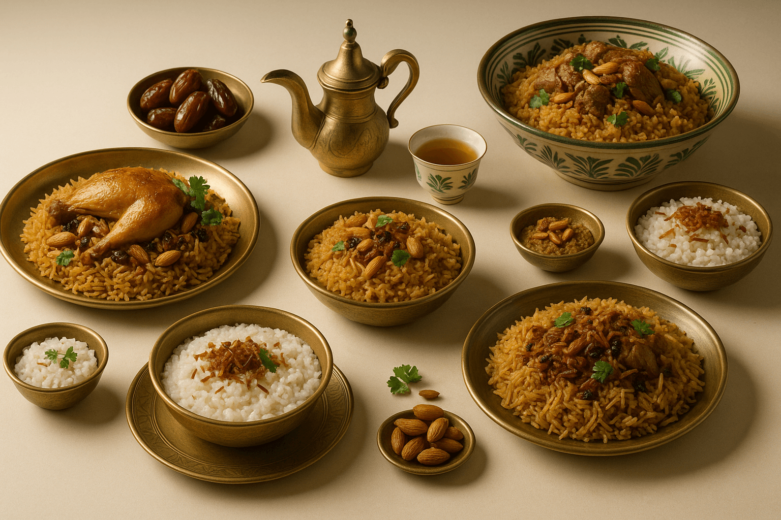 وليمة أرز فاخرة مع دجاج محمّر ومكسرات وشاي